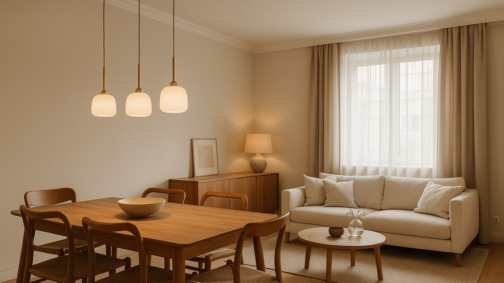 Elegancki salon z jadalnią i lampami wiszącymi nad drewnianym stołem