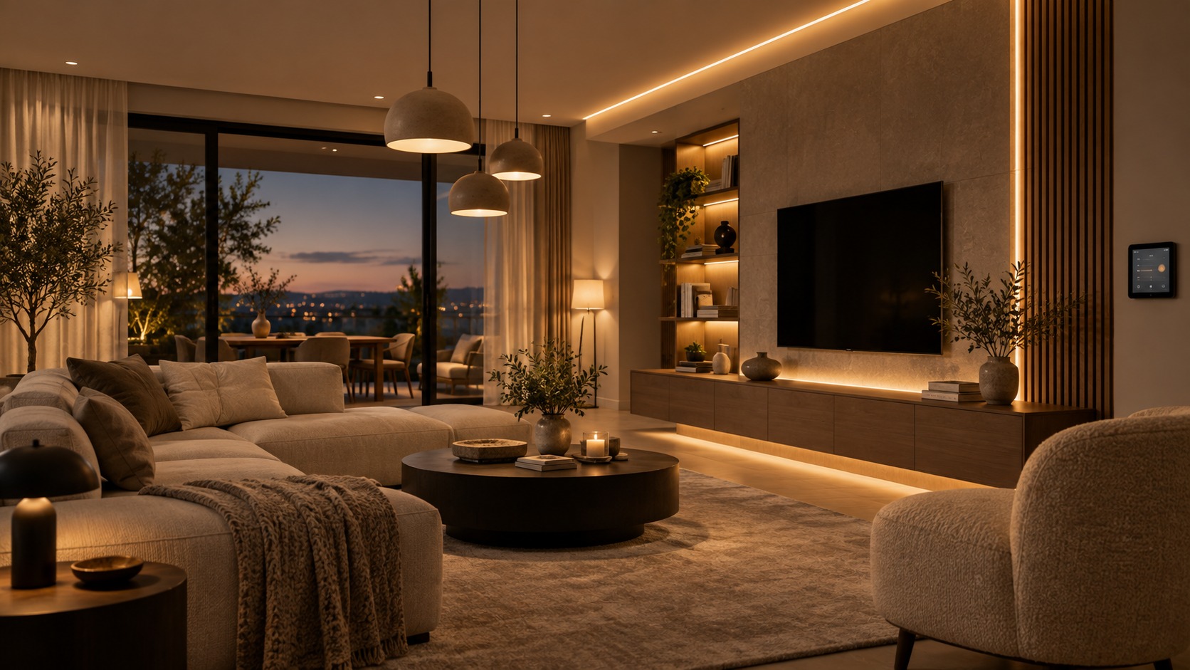 Salon z warstwowym oświetleniem smart home i ciepłą sceną wieczorną