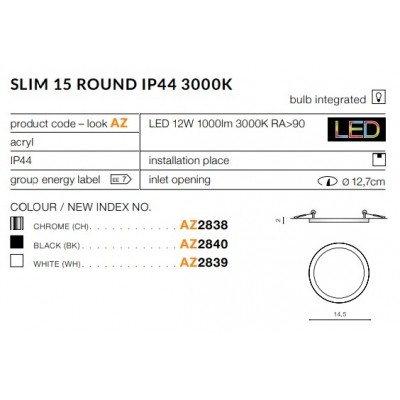Oprawa podtynkowa Slim 15 Round 3000K IP44 (chrome) AZ2838 AZZARDO