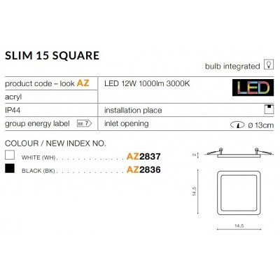 Oprawa podtynkowa Slim 15 Square 3000K IP44 (black) AZ2836 AZZARDO