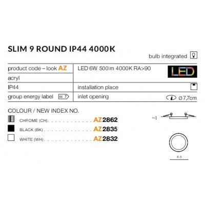 Oprawa podtynkowa Slim 9 Round 4000K IP44 (white) AZ2832 AZZARDO