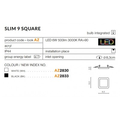 Oprawa podtynkowa Slim 9 Square 3000K IP44 (black) AZ2833 AZZARDO
