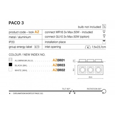 Lampa wpuszczana PACO 3 AZ0801 aluminium + LED GRATIS AZZARDO