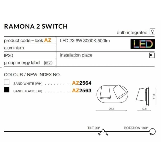 Kinkiet Ramona 2 Switch (black) AZ2563 IP20 AZZARDO