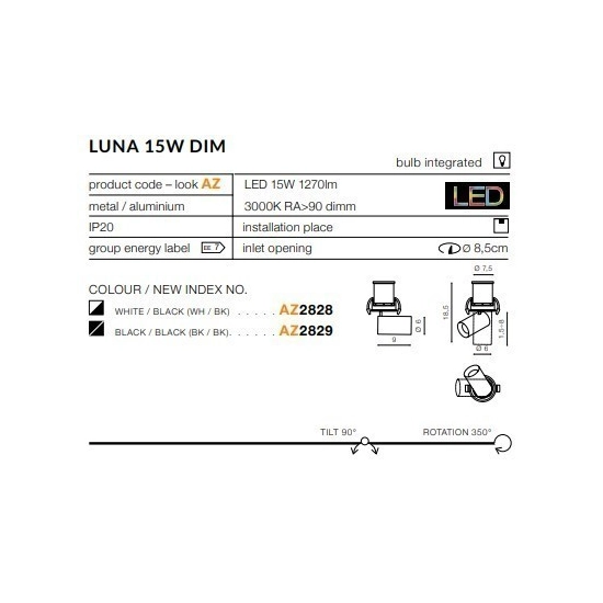 Oprawa stropowa Luna 15W Dim (white/black) AZ2828 AZZARDO