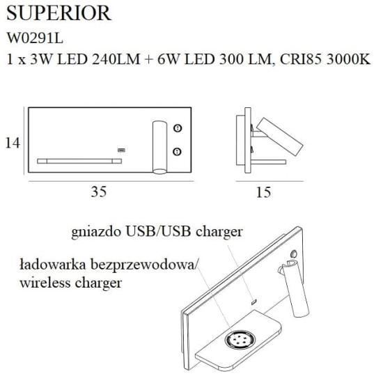 Superior W0291l Kinkiet Z Gniazdem Usb I Ładowarką Indukcyjną Biały MaxLight