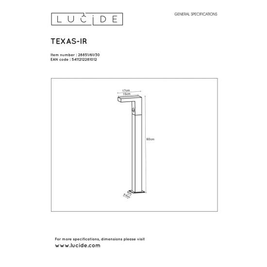 Lampa stojąca z czujnikiem ruchu TEXAS LED 1x6W 3000K IP54 28851/61/30 Anthracite Lucide - zdjęcie dodatkowe 2