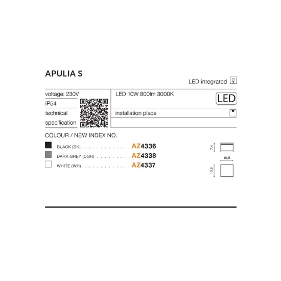 Apulia S (white) LED 10W 800lm 3000K IP54 METAL ACRYL AZ4337 AZZARDO