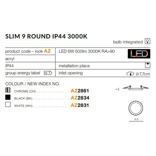 Oprawa podtynkowa Slim 9 Round 3000K IP44 (chrome) AZ2861 AZZARDO