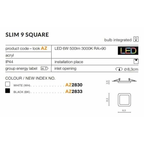 Oprawa podtynkowa Slim 9 Square 3000K IP44 (white) AZ2830 AZZARDO