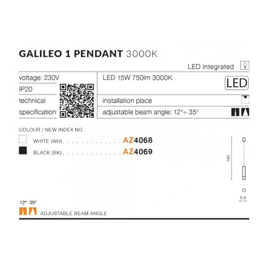 Lampa wisząca GALILEO 1 LED 15W 750lm 3000K METAL AZ4069 AZZARDO