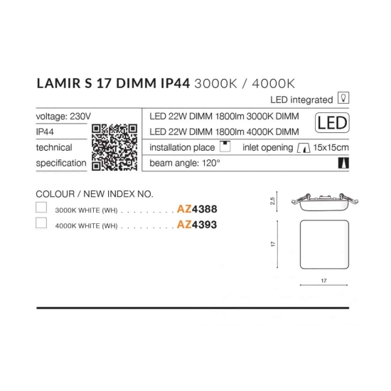 Oprawa podstropowa Lamir S 17 3000K DIMM AZ4388 AZZARDO