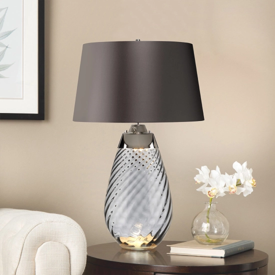 Duża lampa stołowa Lena – 2 źródła światła – Przydymione szkło i szary abażur LENA-TL-L-SMOKE Elstead Lighting
