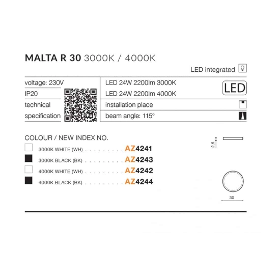 Plafon Malta R 30 4000K (black) AZ4244 AZZARDO