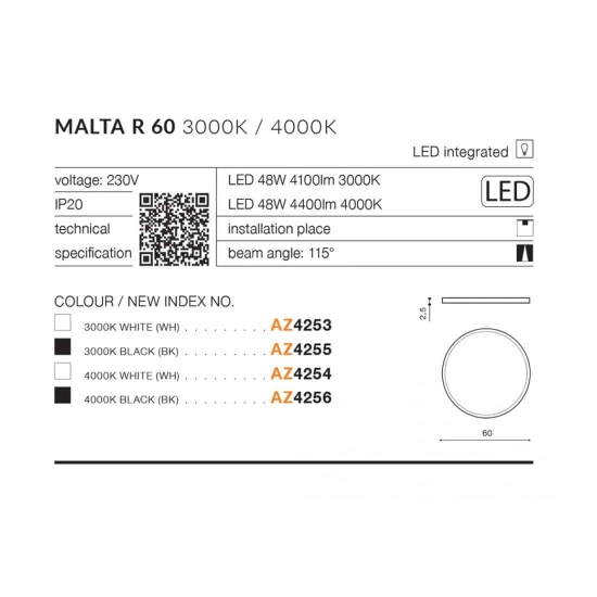 Plafon Malta R 60 3000K (black) AZ4255 AZZARDO
