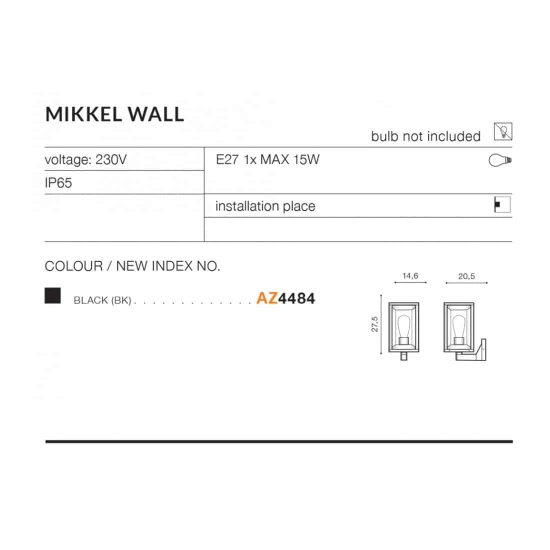 Kinkiet Mikkel Wall (black) E27 1x MAX 25W IP65 METAL PC AZ4484 AZZARDO