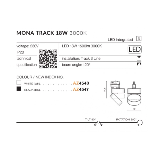 Reflektor Mona Track 3Line 18W 3000K (black) AZ4547 AZZARDO