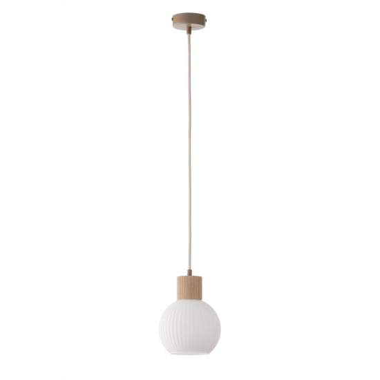 Lampa wisząca biała ryflowana kula drewno bukowe 41842 ALBA 1 Sigma