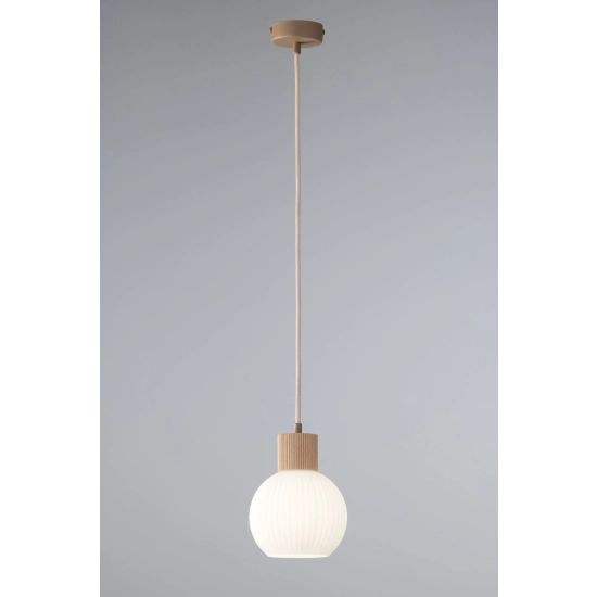 Lampa wisząca biała ryflowana kula drewno bukowe 41842 ALBA 1 Sigma