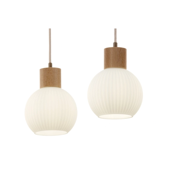 Lampa wisząca biała ryflowana kula drewno bukowe 41843 ALBA 2 Sigma