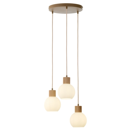 Lampa wisząca biała ryflowana kula drewno bukowe 41844 ALBA 3 koło Sigma