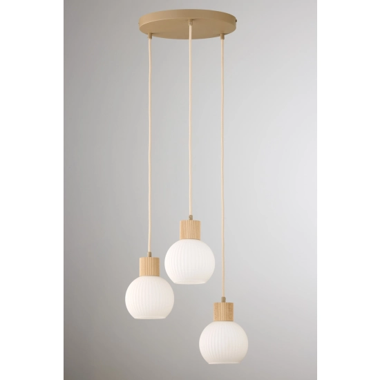 Lampa wisząca biała ryflowana kula drewno bukowe 41844 ALBA 3 koło Sigma