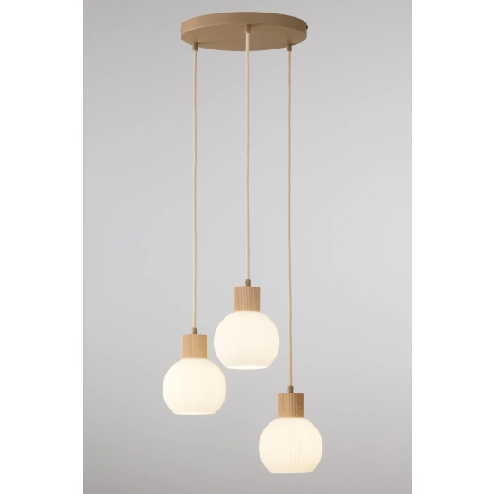 Lampa wisząca biała ryflowana kula drewno bukowe 41844 ALBA 3 koło Sigma