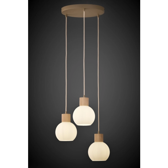 Lampa wisząca biała ryflowana kula drewno bukowe 41844 ALBA 3 koło Sigma