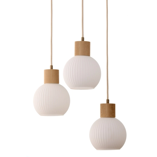 Lampa wisząca biała ryflowana kula drewno bukowe 41844 ALBA 3 koło Sigma