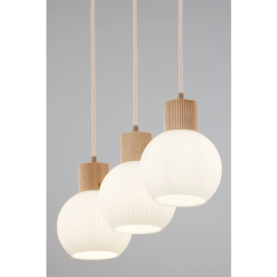 Lampa wisząca biała ryflowana kula drewno bukowe 41845 ALBA 3 prosta Sigma