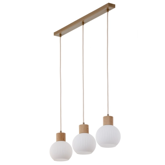 Lampa wisząca biała ryflowana kula drewno bukowe 41845 ALBA 3 prosta Sigma
