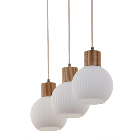 Lampa wisząca biała ryflowana kula drewno bukowe 41845 ALBA 3 prosta Sigma
