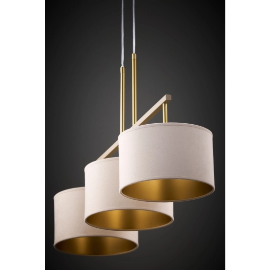 Lampa wisząca z abażurami welur MARII 3 zwis ciepły beż złoty 41839 Sigma