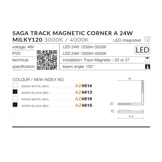 Alfa Saga Track Magnetic CORNER A 24W MILKY120 3000K (white) AZ4614 AZZARDO