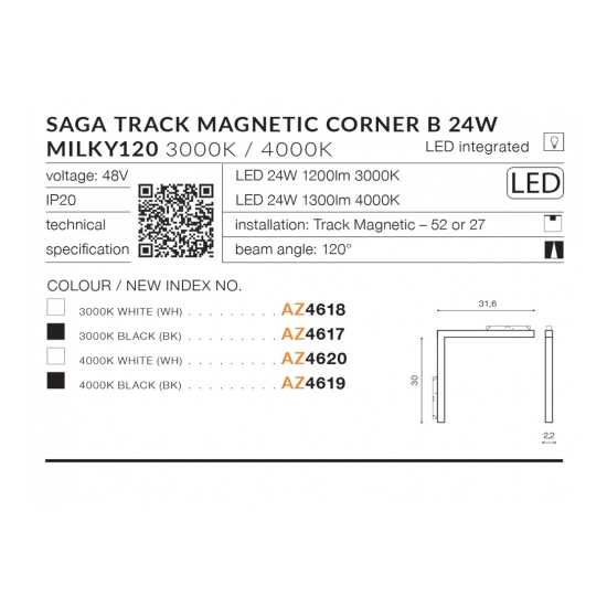 Alfa Saga Track Magnetic CORNER B 24W MILKY120 3000K (white) AZ4618 AZZARDO
