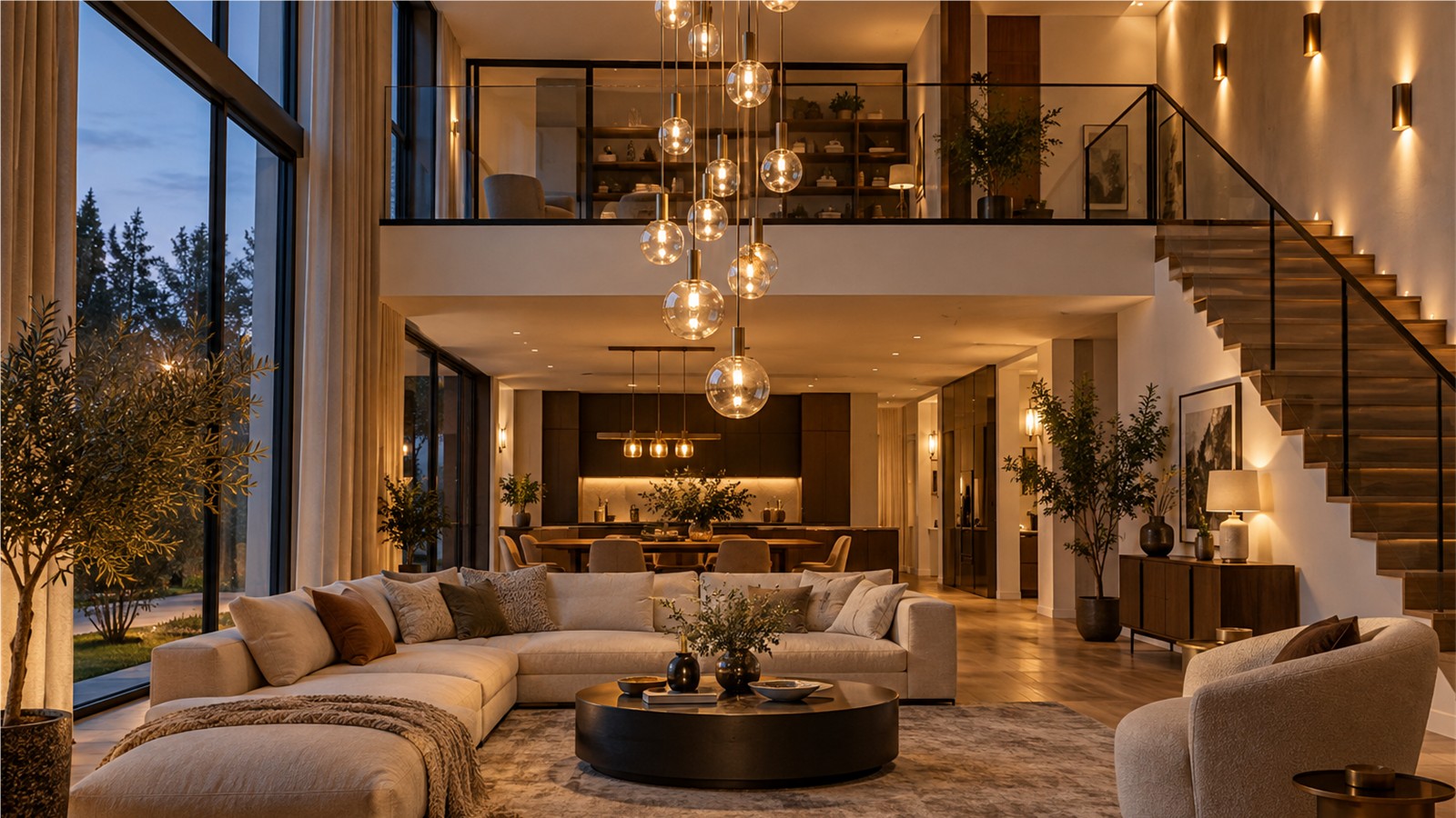 Wysoki salon z antresolą i długą lampą wiszącą