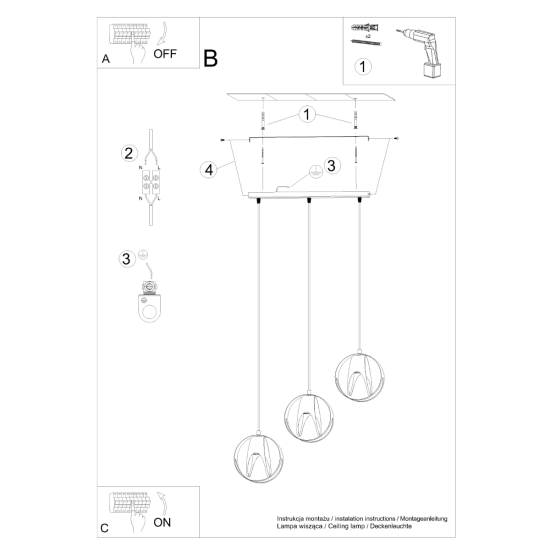 Lampa wisząca TULOS 3L czarna SL.1089 SOLLUX LIGHTING